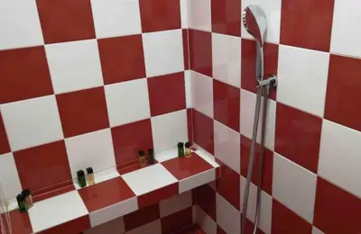 a red and white tiled bathroom with a shower at Roma City Suite with Parking - Villa Borghese in Rome