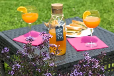 two glasses of orange juice and sandwiches on a table at Villa Paganini B&B in Rome