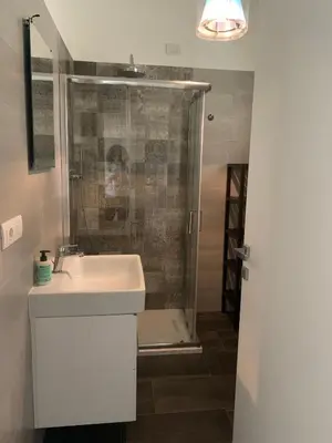 a bathroom with a sink and a shower at Roberta and Luca cozy apartment with garden, terrace and pool in Rome