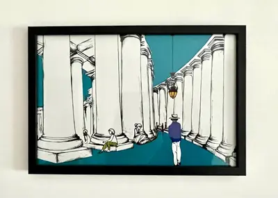a drawing of a man walking down a hallway at Urban Corner in Rome