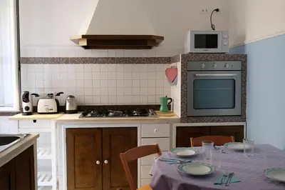 a kitchen with a table with a purple table cloth at In the district of Dolce Vita di Fellini in Rome
