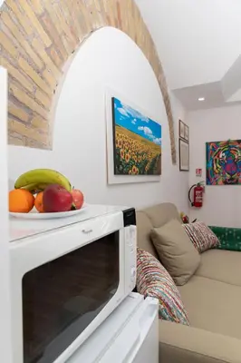 a living room with a plate of fruit on top of a microwave at Troppo Forte appartamento a due passi dal Colosseo in Rome