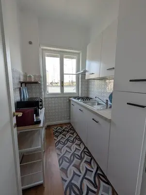 a kitchen with white cabinets and a kitchen rug at Da Tony vicino San Pietro in Rome