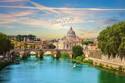 a group of birds flying over a river with a bridge at Terrazzo Trieste-Africano in Rome