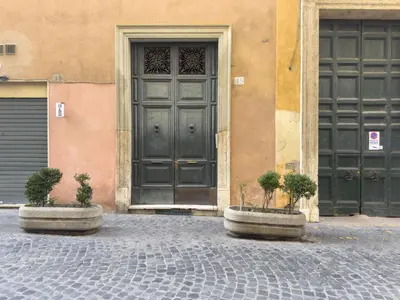 a building with two planters with trees in front of a door at Cozy 2BR Apartment near Piazza Navona in Rome