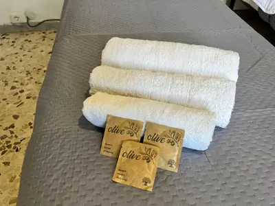two towels on a bed with white towels at appartamento elegante Roma - Vicino alla metro in Rome
