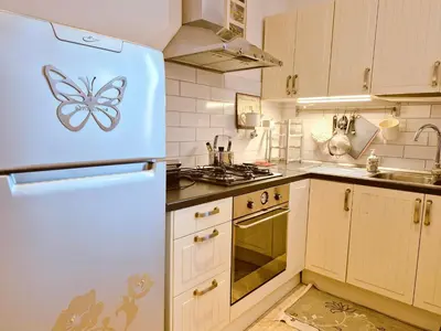 a kitchen with a refrigerator with a butterfly sticker on it at Appartamento elegante con terrazzino a San Lorenzo in Rome