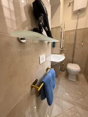 a bathroom with a toilet and a sink with a blue towel at Antica Dimora Luxury in Rome
