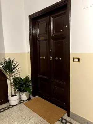 a wooden door with two potted plants in a room at ARTPA Rome Apartments Trastevere Mameli, Roma in Rome