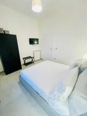 a white bedroom with a large bed and a tv at Palmira house in Rome