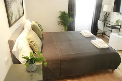 a bedroom with a bed and a table with a plant at Giulio Cesare Comfort Rooms in Rome