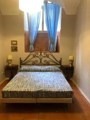 a bedroom with a bed with blue curtains and a window at Luminosa e accogliente casa Centro Storico in Rome