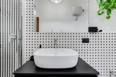 a bathroom with a large white sink on a black counter at BDC - Galatea Art Gallery 3BDR at Testaccio in Rome