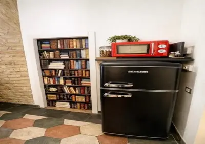 a microwave on top of a refrigerator next to a book shelf at Vatican Prestige Suite 