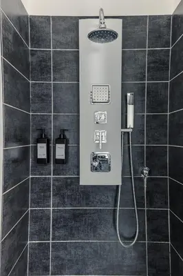 a bathroom with a shower with black tiles at Veturia in Rome