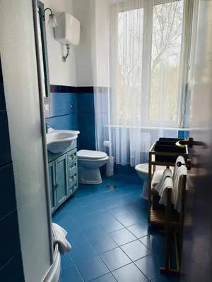 a blue bathroom with a toilet and a sink at Ad Maiora Domus in Rome