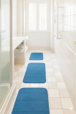 a bathroom with three blue rugs on the floor at Hi HOME in Rome