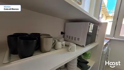 a shelf with cups and a microwave on it at Rienzo Charme Apartment in Rome