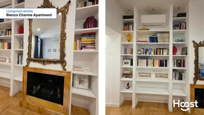 two pictures of a living room with a fireplace and a mirror at Rienzo Charme Apartment in Rome