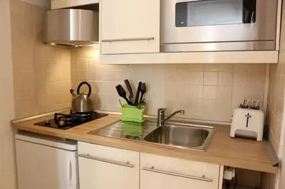 a kitchen counter with a sink and a microwave at Appartamento con terrazza vicino al Vaticano in Rome