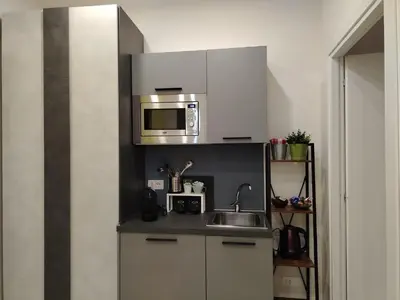 a small kitchen with a sink and a microwave at Emma and Livia's Vatican Suite 2 in Rome