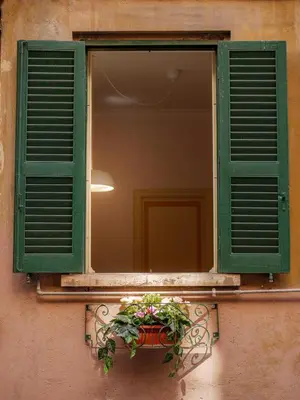 a window with green shutters and a potted plant on a balcony at Labicana - Rome Apartment in Rome