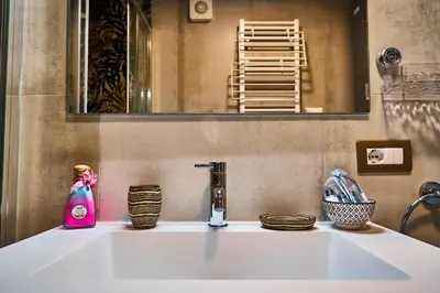 a bathroom sink with a pink bottle of soap at Vatican Meadows Apartment in Rome