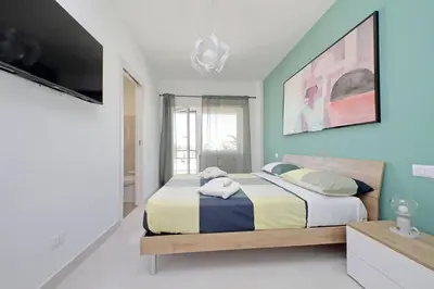 a bedroom with a large bed and a tv at Attico di Design a Garbatella con Vista San Pietro in Rome