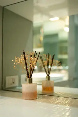 two vases with sticks in them sitting on a counter at Silver Spanish's steps in Rome