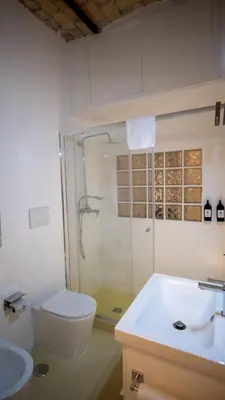 a bathroom with a shower and a toilet and a sink at Domus Oro nel cuore di Roma in Rome