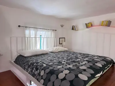 a bedroom with a bed with a black and white comforter at Sanniti House in Rome