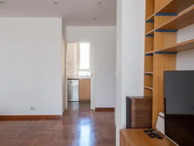 a living room with a television and wooden shelves at Vittorio Panoramic Apartment in Rome