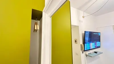 a room with a tv and a green wall at Tiny Elephant Mini suite in Rome in Rome