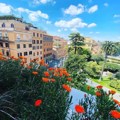 a view of a city with orange flowers and buildings at Terrazza Marco Antonio Luxury Suite in Rome