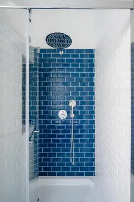 a blue tiled shower in a bathroom with a tub at Botanical Home close Vatican in Rome