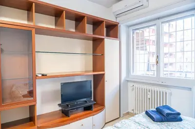 a room with a tv and a bed and a window at Lion Renting Marconi in Rome