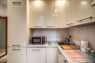 a kitchen with white cabinets and a microwave at Agnello Apartment in Rome