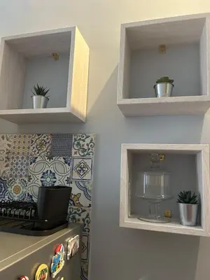 a kitchen with two shelves with plants on the wall at A Casa di Mario al Pigneto in Rome