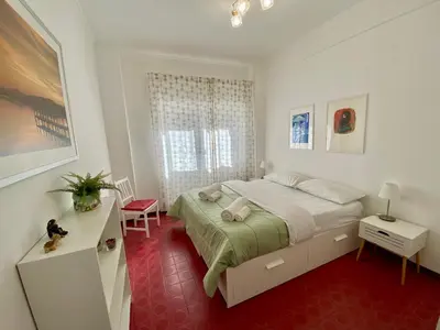 a bedroom with a large bed and a red carpet at Mary's Apartment - House for 4 people - Close to the Vatican in Rome