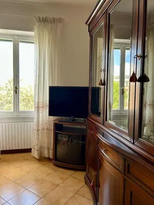 a living room with a flat screen tv and windows at Casa San Pietro Rome Vatican in Rome