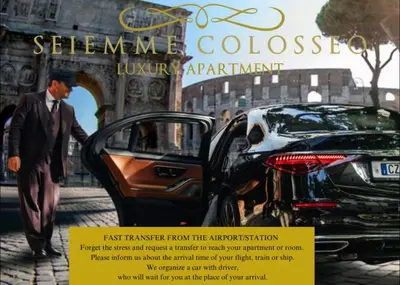 a flyer for a car dealership with a man standing next to a car at Seiemme Colosseo Luxury Apartment 2 in Rome