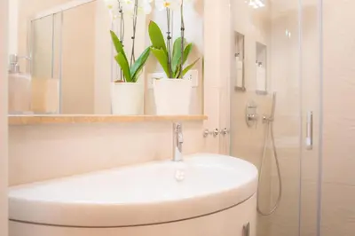 a bathroom with a sink and two potted plants at La Veranda dei Farnesi in Rome
