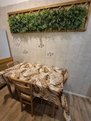 a table and a chair with plants on the wall at La casetta di Laura al Gemelli-Vaticano in Rome