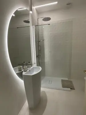 a bathroom with a shower and a sink and a mirror at Appartamento Porto di Ripetta in Rome