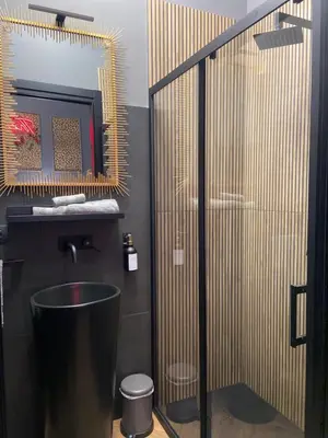 a bathroom with a shower with a toilet and a mirror at One of one experiences - LOVE ROOM in Rome