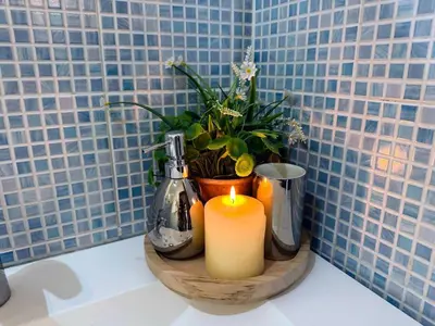 a candle sitting on a counter with a potted plant at ValGa Suite near Vaticano and Centre in Rome