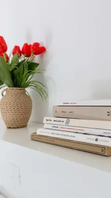 a stack of books next to a vase of red flowers at Mini apartment Cairoli 1 - Zeno 42 in Rome