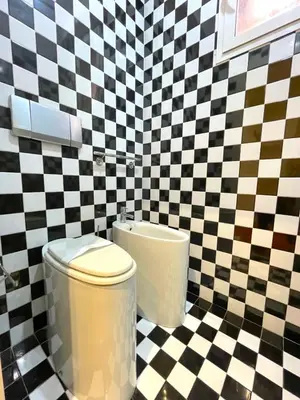 a bathroom with a toilet and a checkered wall at My Beauty Nest In The Historical Centre in Rome