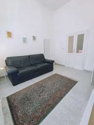 a living room with a black couch and a rug at Rifugio del Quadraro Rome in Rome