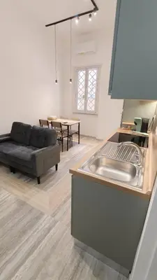a kitchen and living room with a couch and a table at Domus Battistini in Rome